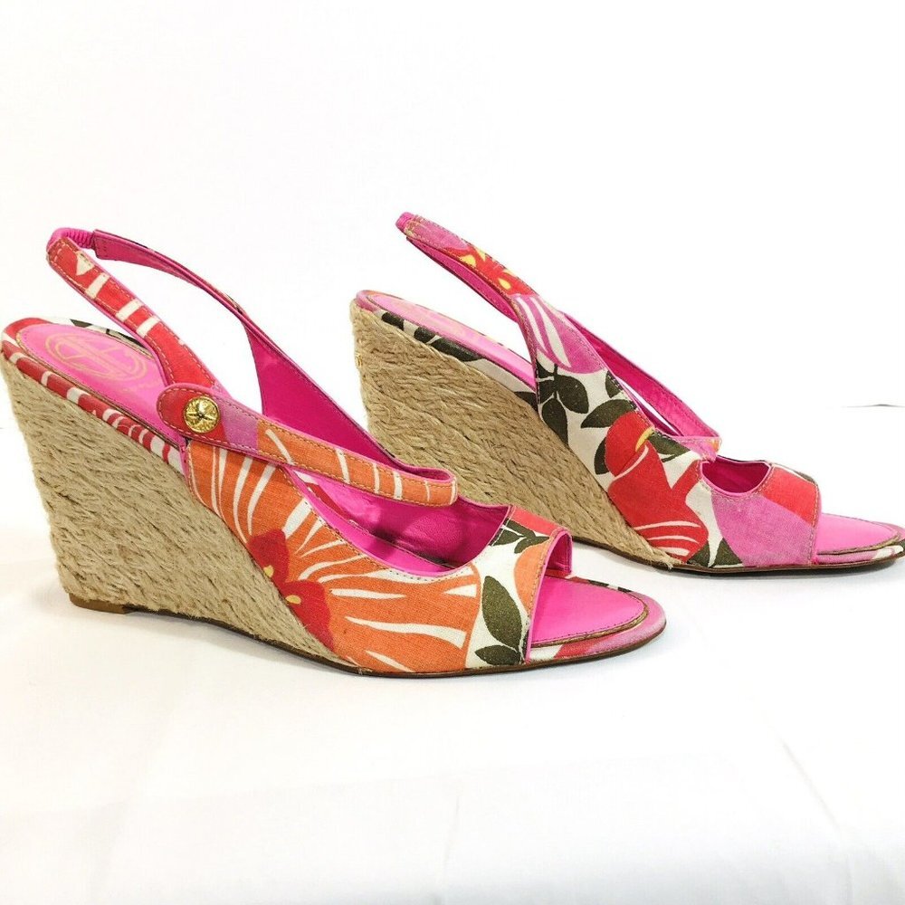 Lilly Pulitzer Sz 10M Espadrille Sling Back Wedge Logo Pink Floral Peep Toe